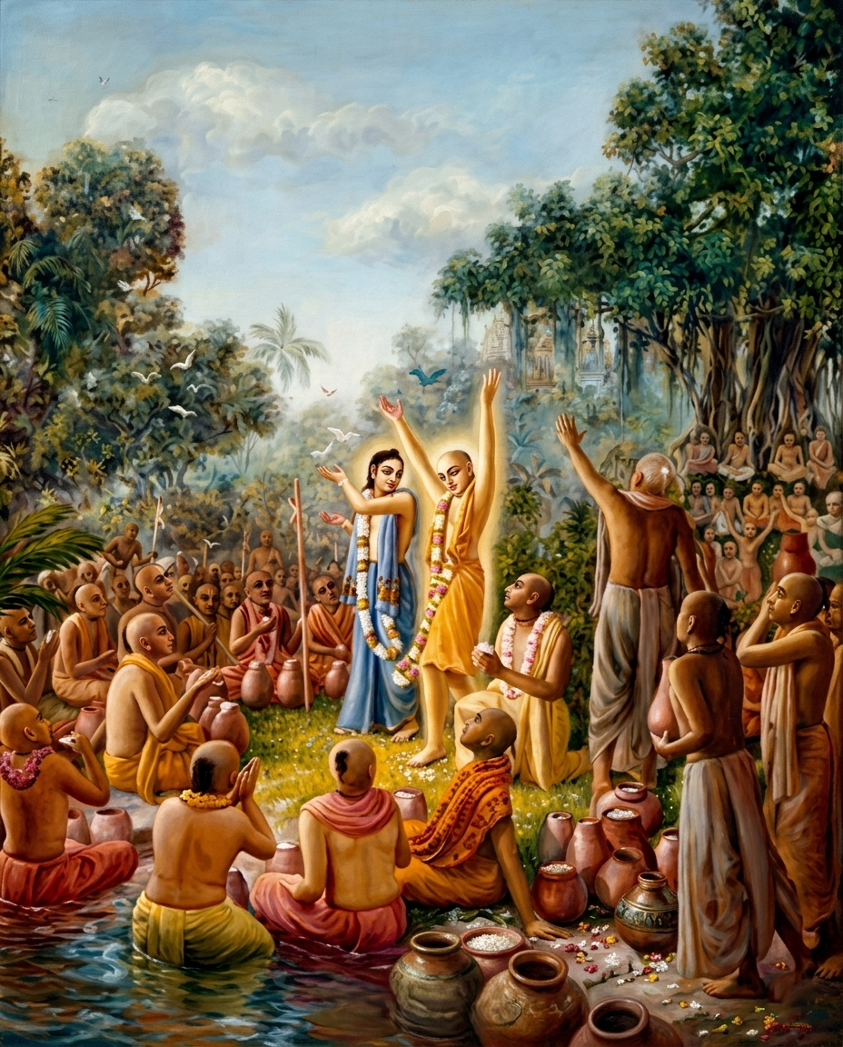 Lord Chaitanya Mahaprabhu and Lord Nityananda Prabhu joyfully participating in the Panihati Chida Dadhi Mahotsava