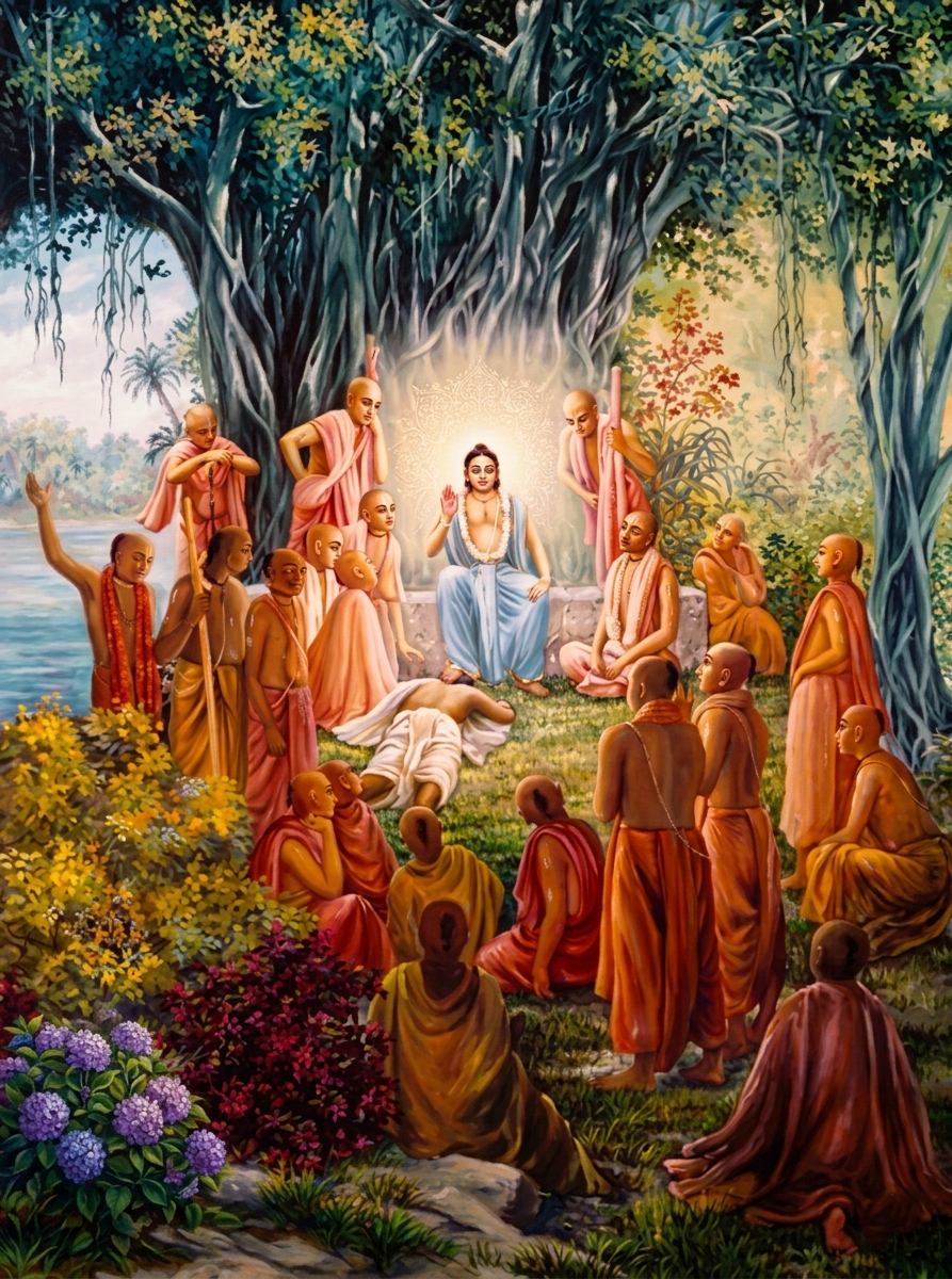 Lord Nityananda Prabhu bestowing His causeless mercy upon Raghunatha Dasa Goswami at the Panihati festival